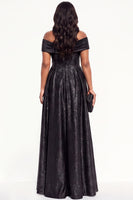 Load image into Gallery viewer, Sparkly Black Ruffled Off The Shoulder A-Line Long Evening Dress