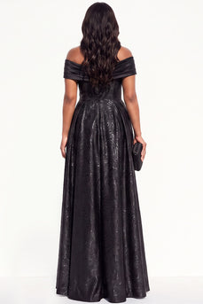 Sparkly Black Ruffled Off The Shoulder A-Line Long Evening Dress