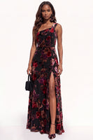 Load image into Gallery viewer, Black Pink A-Line Floral Velvet Long Evening Dress with Slit