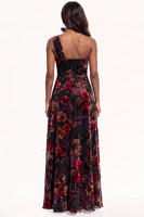 Load image into Gallery viewer, Black Pink A-Line Floral Velvet Long Evening Dress with Slit