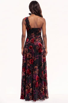 Black Pink A-Line Floral Velvet Long Evening Dress with Slit