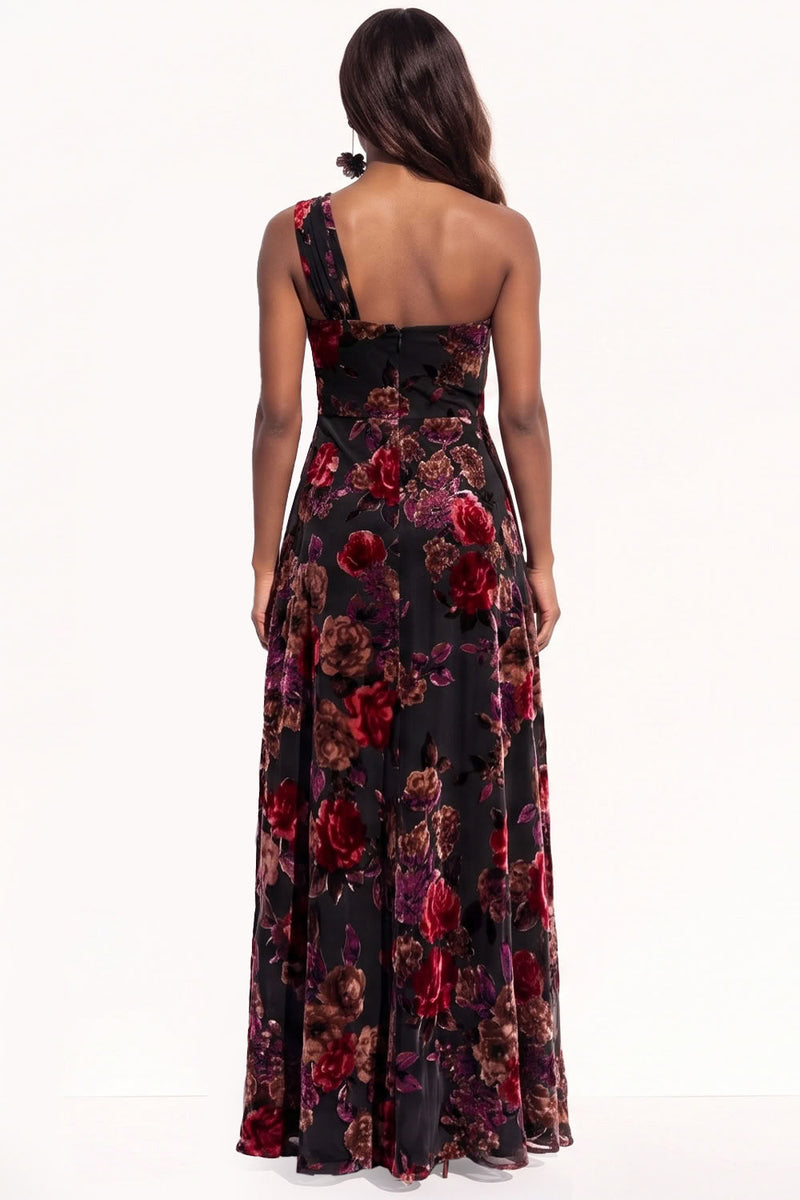 Load image into Gallery viewer, Black Pink A-Line Floral Velvet Long Evening Dress with Slit