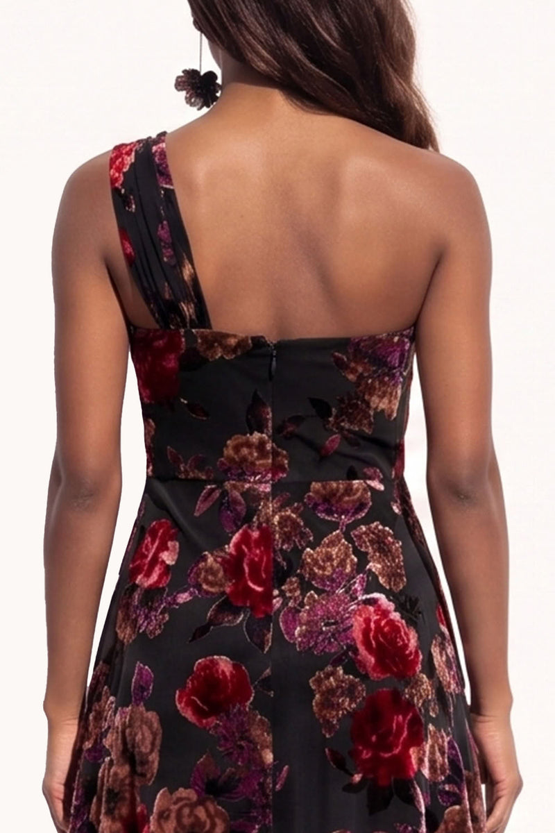 Load image into Gallery viewer, Black Pink A-Line Floral Velvet Long Evening Dress with Slit