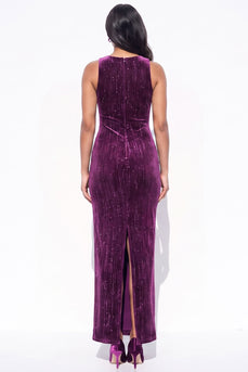 Sparkly Plum Velvet Sheath Long Evening Dress with Slit