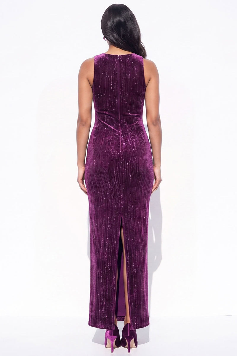 Load image into Gallery viewer, Sparkly Plum Velvet Sheath Long Evening Dress with Slit