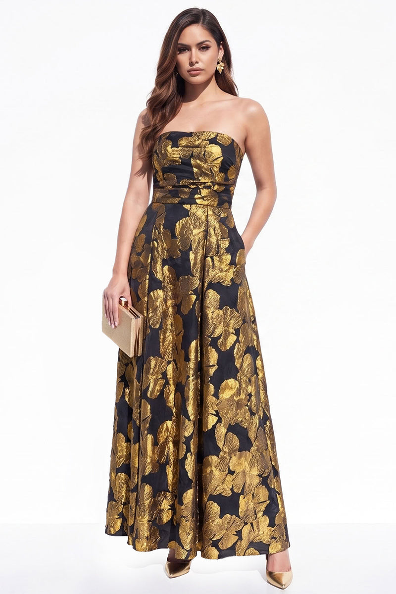 Load image into Gallery viewer, Red A-Line Floral Strapless Long Wedding Guest Dress with Pocket