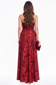 Red A-Line Floral Strapless Long Wedding Guest Dress with Pocket