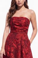 Load image into Gallery viewer, Red A-Line Floral Strapless Long Wedding Guest Dress with Pocket