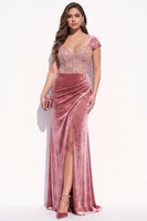 Load image into Gallery viewer, Blush Velvet Mermaid Sparkly Beaded Corset Long Wedding Guest Dress with Slit