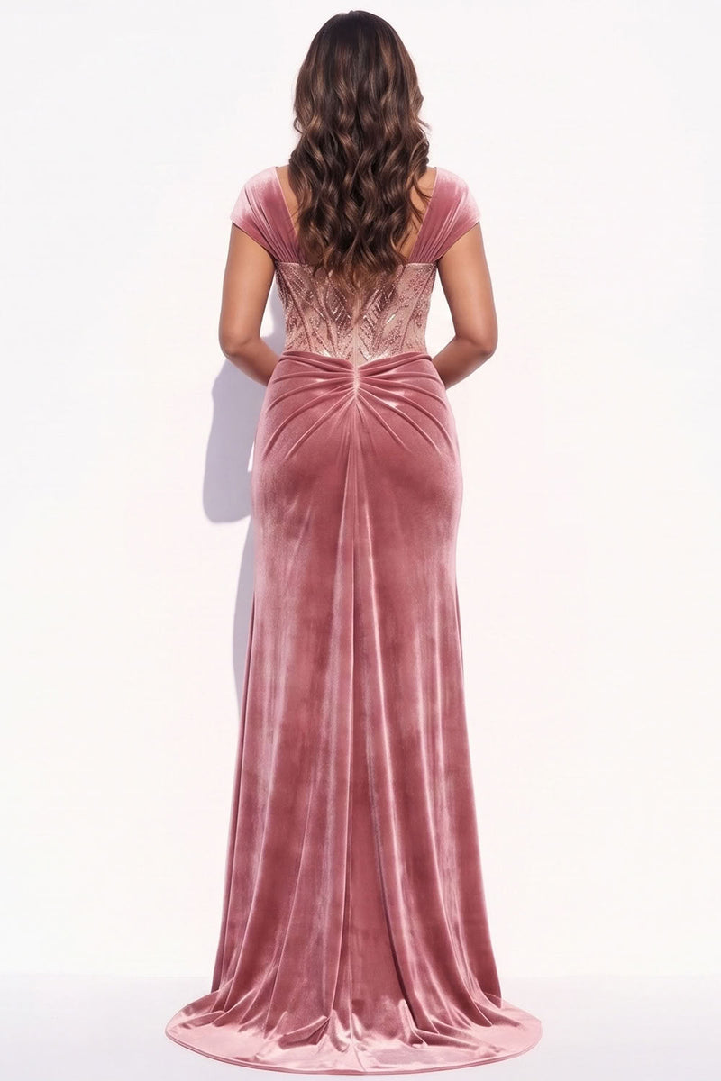 Load image into Gallery viewer, Blush Velvet Mermaid Sparkly Beaded Corset Long Wedding Guest Dress with Slit