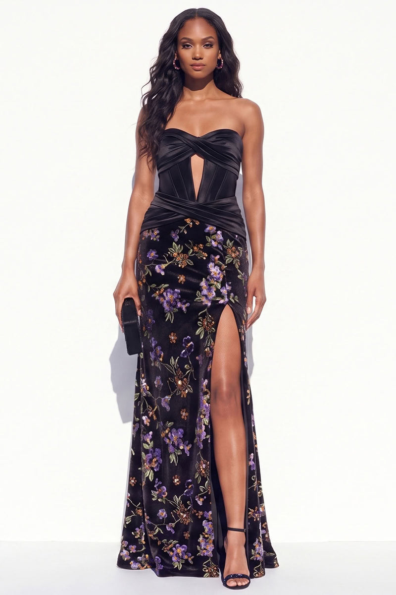 Load image into Gallery viewer, Black Purple Floral Corset Mermaid Keyhole Long Evening Dress with Slit