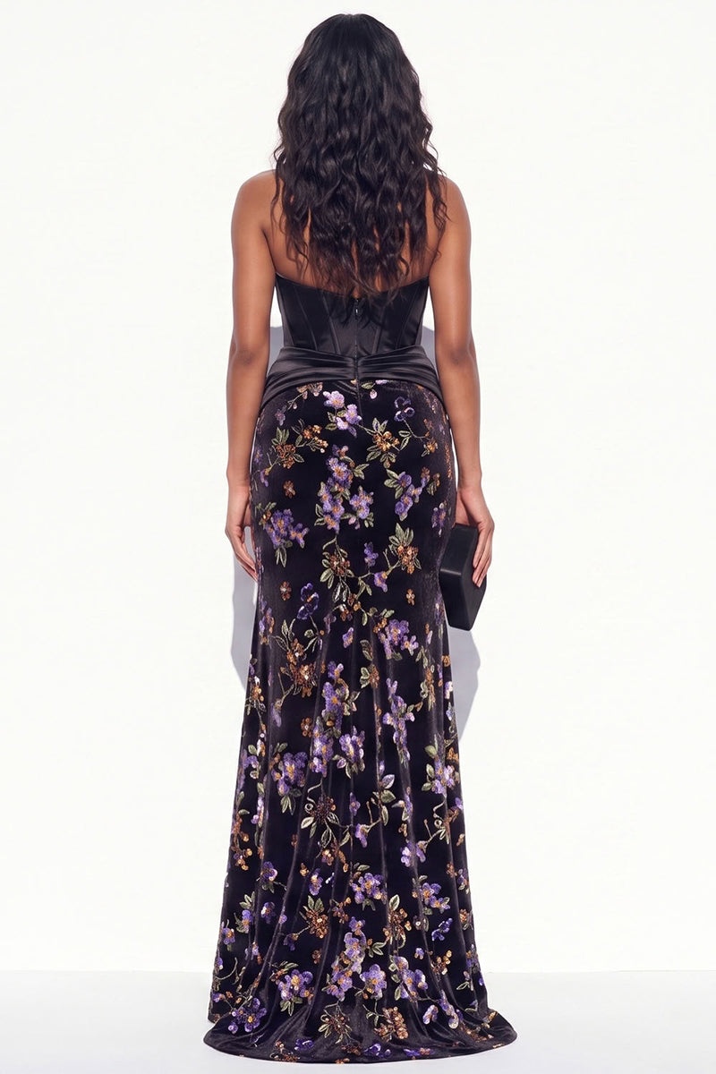 Load image into Gallery viewer, Black Purple Floral Corset Mermaid Keyhole Long Evening Dress with Slit