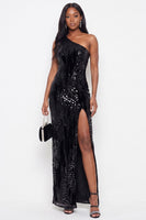Load image into Gallery viewer, Sparkly Sequin One Shoulder Sheath Long Wedding Guest Dress with Slit