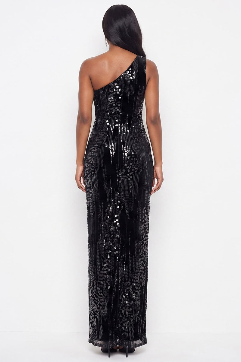 Load image into Gallery viewer, Sparkly Sequin One Shoulder Sheath Long Wedding Guest Dress with Slit