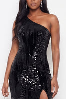Load image into Gallery viewer, Sparkly Sequin One Shoulder Sheath Long Wedding Guest Dress with Slit