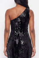 Load image into Gallery viewer, Sparkly Sequin One Shoulder Sheath Long Wedding Guest Dress with Slit