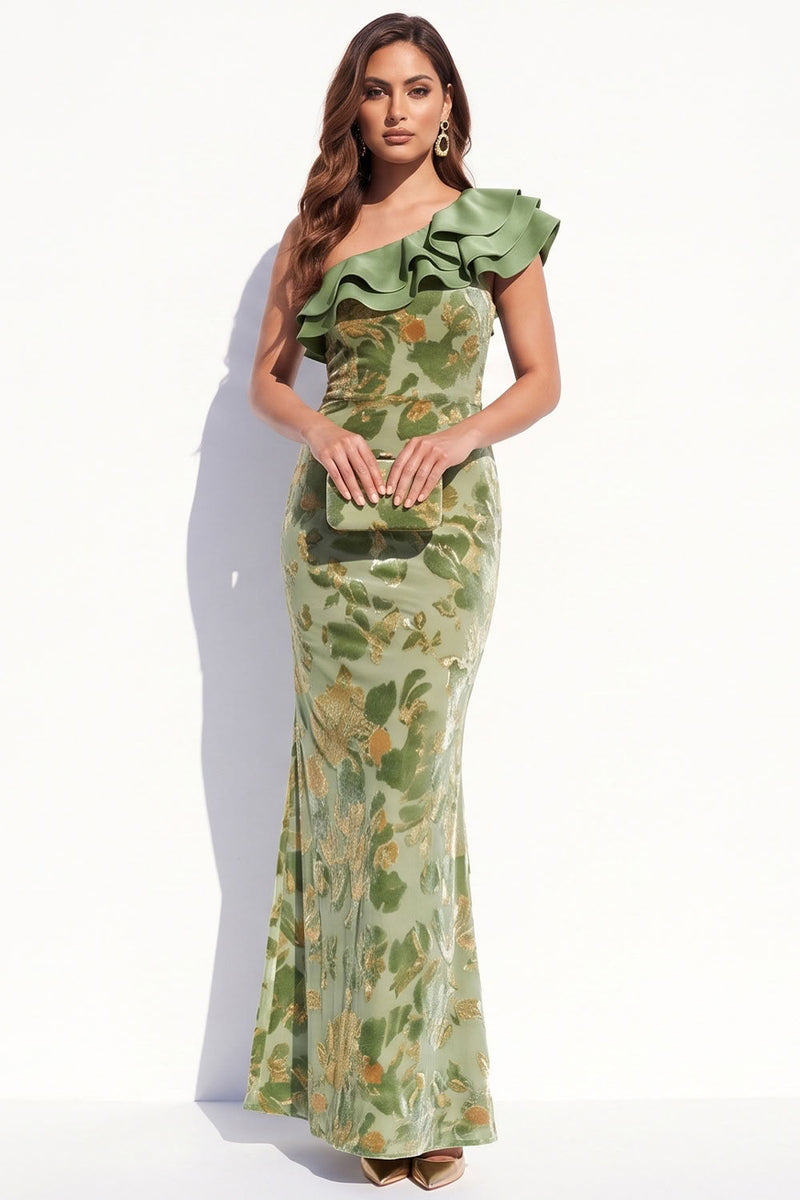 Load image into Gallery viewer, Sage Floral Velvet Mermaid Ruffled Long Wedding Guest Dress with Slit