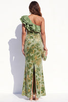 Load image into Gallery viewer, Sage Floral Velvet Mermaid Ruffled Long Wedding Guest Dress with Slit