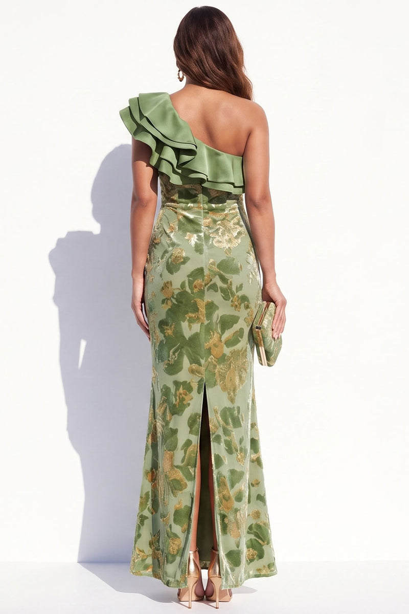 Load image into Gallery viewer, Sage Floral Velvet Mermaid Ruffled Long Wedding Guest Dress with Slit