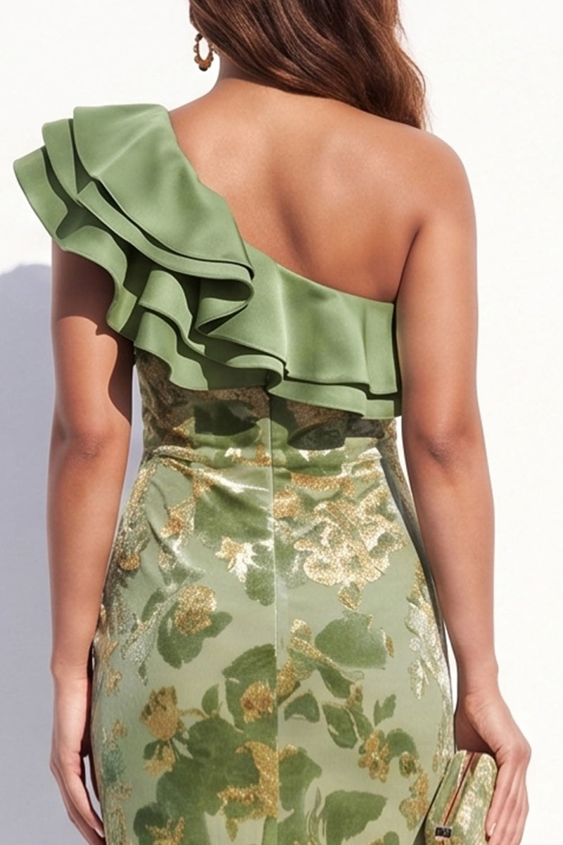 Load image into Gallery viewer, Sage Floral Velvet Mermaid Ruffled Long Wedding Guest Dress with Slit