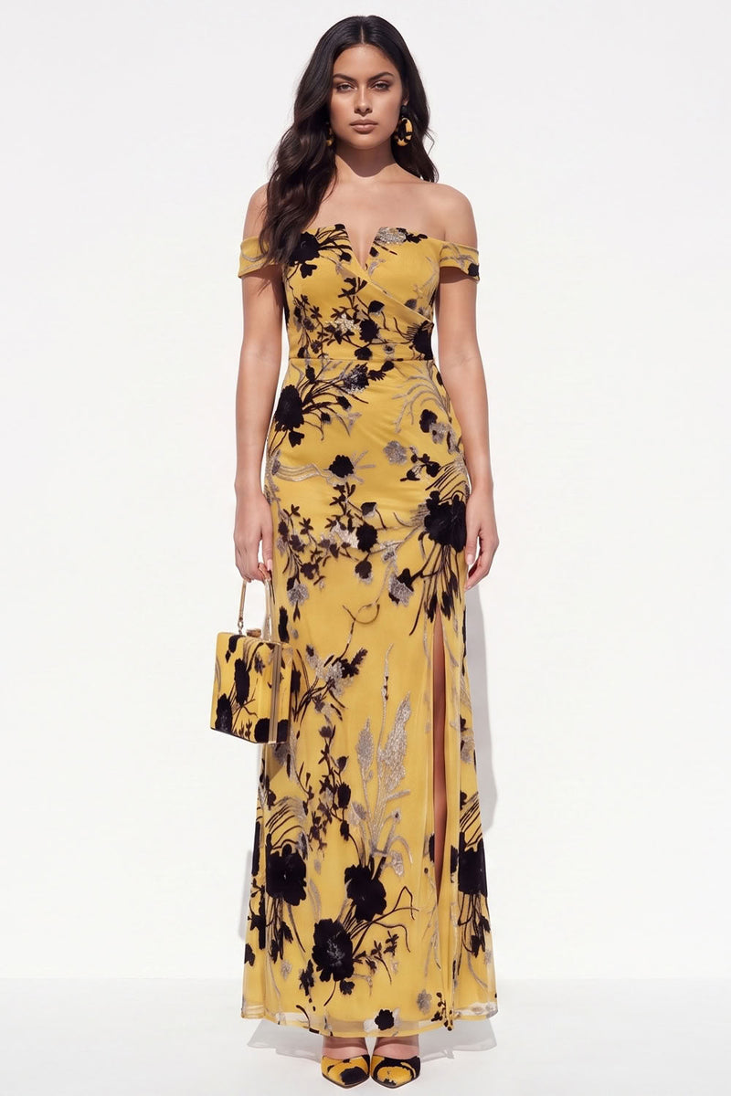 Load image into Gallery viewer, Floral Yellow Off the Shoulder Sheath Long Wedding Guest  Dress with Slit