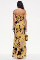 Load image into Gallery viewer, Floral Yellow Off the Shoulder Sheath Long Wedding Guest  Dress with Slit