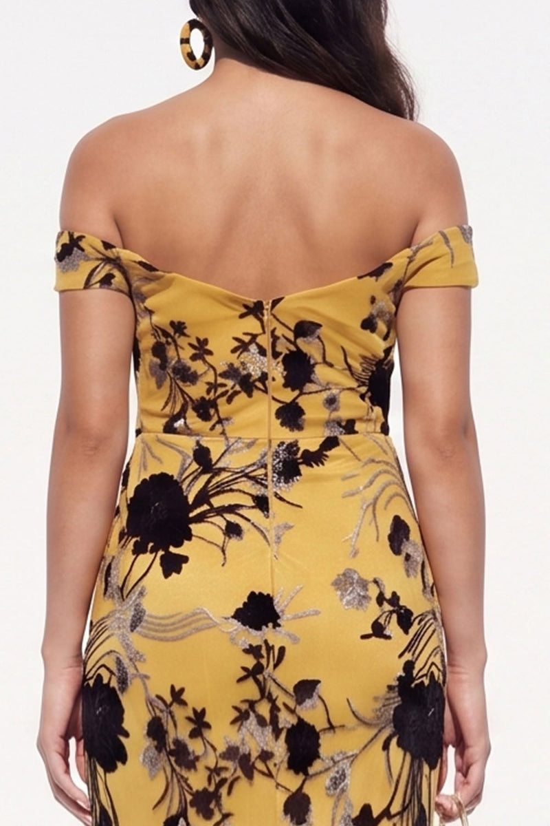 Load image into Gallery viewer, Floral Yellow Off the Shoulder Sheath Long Wedding Guest  Dress with Slit