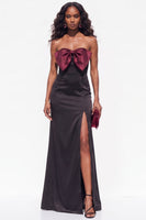 Load image into Gallery viewer, Burgundy Sheath Satin Strapless Long Wedding Guest Dress with Slit