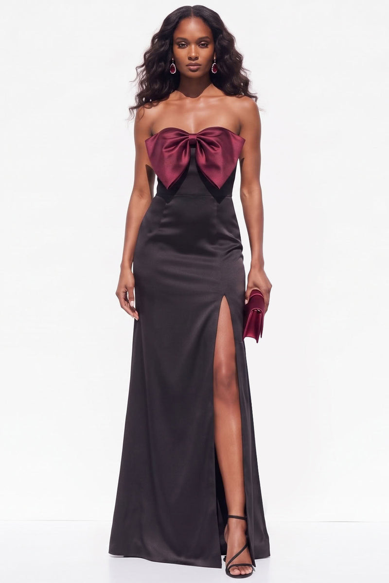 Load image into Gallery viewer, Burgundy Sheath Satin Strapless Long Wedding Guest Dress with Slit