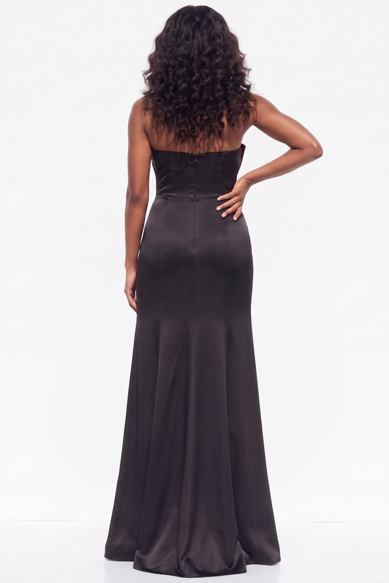 Load image into Gallery viewer, Burgundy Sheath Satin Strapless Long Wedding Guest Dress with Slit