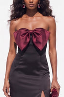 Load image into Gallery viewer, Burgundy Sheath Satin Strapless Long Wedding Guest Dress with Slit