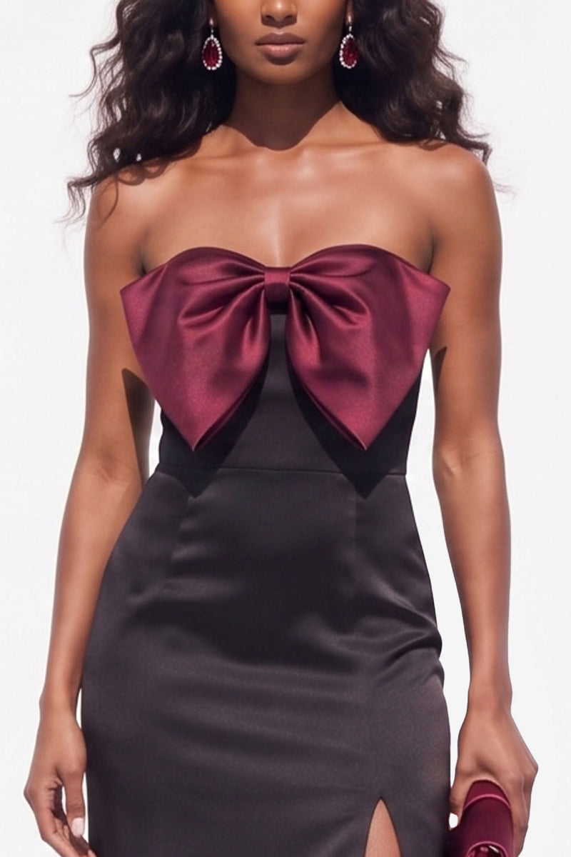 Load image into Gallery viewer, Burgundy Sheath Satin Strapless Long Wedding Guest Dress with Slit