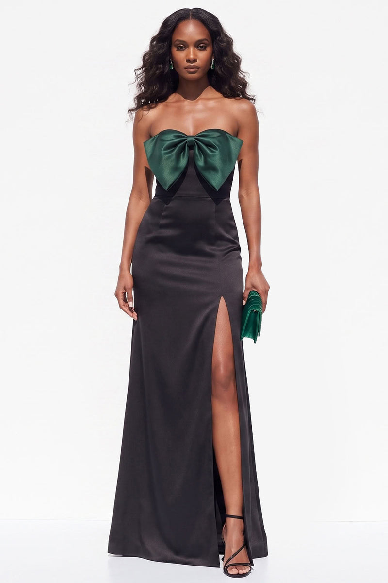 Load image into Gallery viewer, Burgundy Sheath Satin Strapless Long Wedding Guest Dress with Slit
