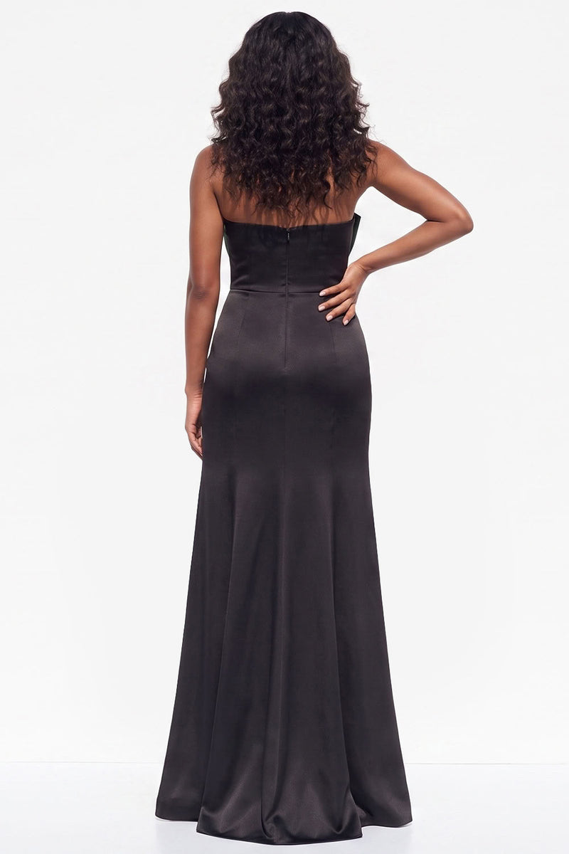 Load image into Gallery viewer, Burgundy Sheath Satin Strapless Long Wedding Guest Dress with Slit
