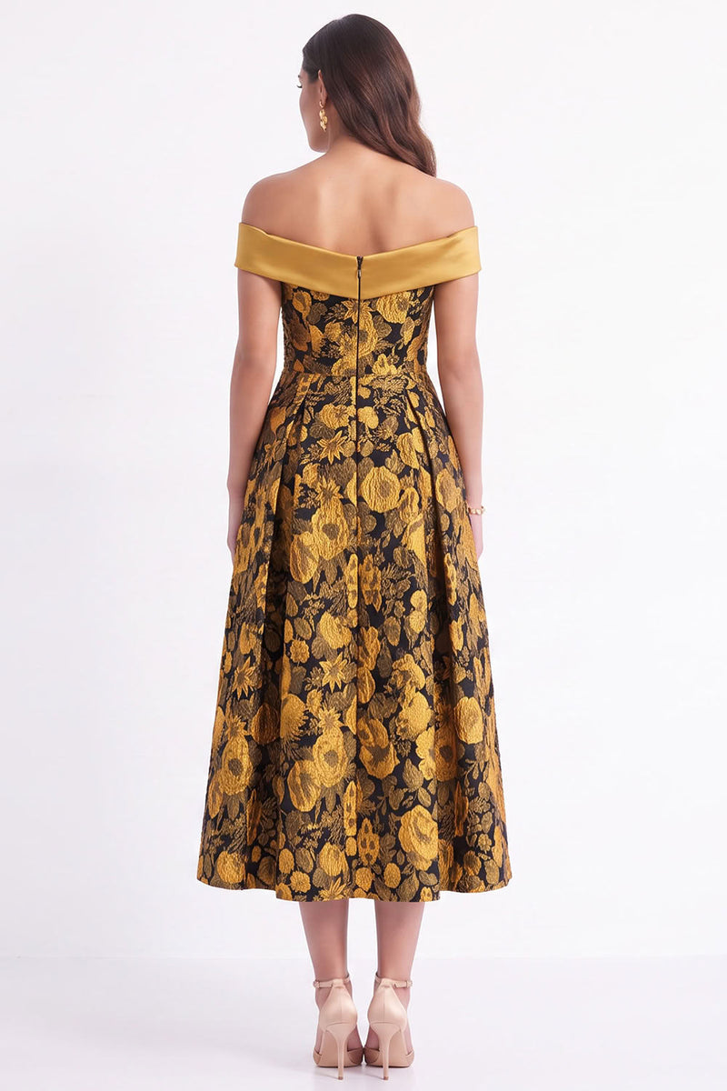Load image into Gallery viewer, Yellow Off The Shoulder A-Line Floral Long Wedding Guest Dress