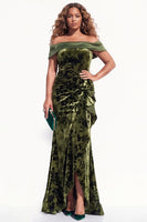 Load image into Gallery viewer, Floral Olive Mermaid Velvet Ruffled Long Wedding Guest Dress with Slit