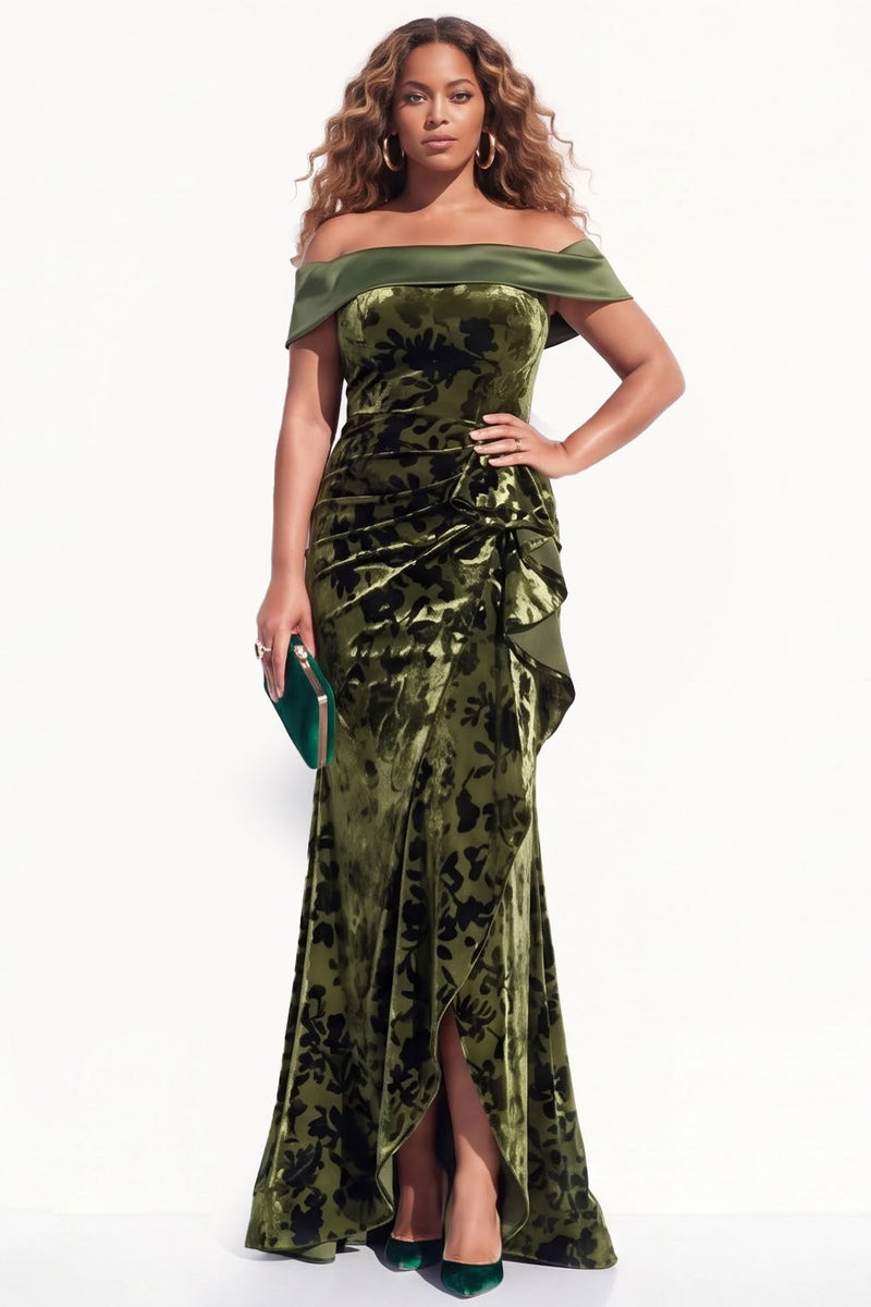 Load image into Gallery viewer, Floral Olive Mermaid Velvet Ruffled Long Wedding Guest Dress with Slit