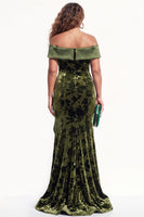 Load image into Gallery viewer, Floral Olive Mermaid Velvet Ruffled Long Wedding Guest Dress with Slit