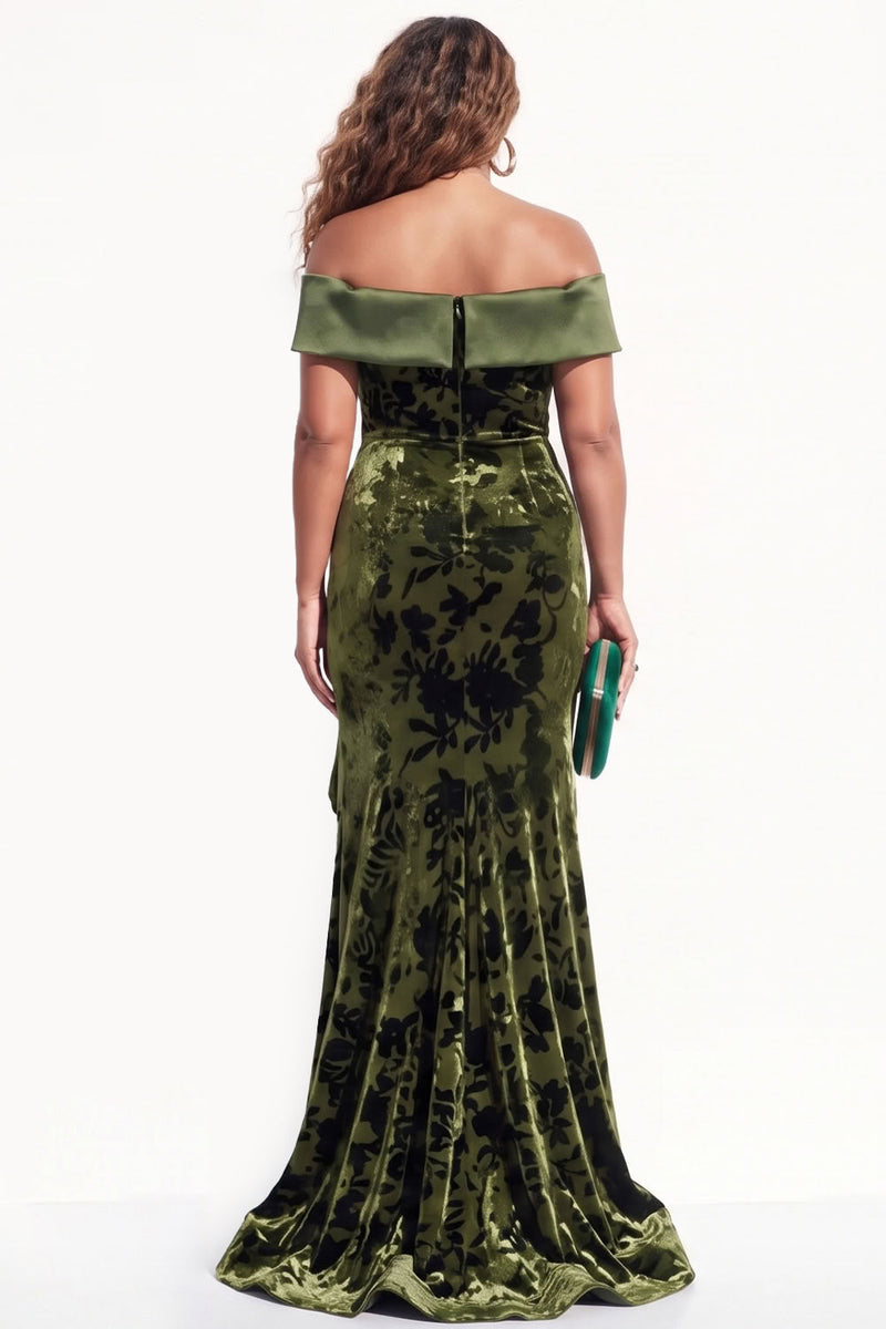 Load image into Gallery viewer, Floral Olive Mermaid Velvet Ruffled Long Wedding Guest Dress with Slit