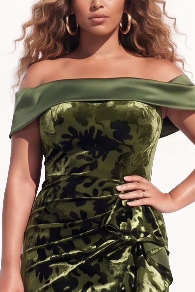 Load image into Gallery viewer, Floral Olive Mermaid Velvet Ruffled Long Wedding Guest Dress with Slit