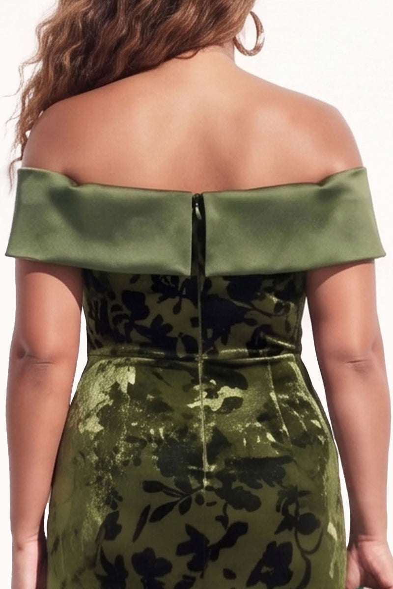 Load image into Gallery viewer, Floral Olive Mermaid Velvet Ruffled Long Wedding Guest Dress with Slit