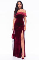 Load image into Gallery viewer, Velvet Dark Green Off the Shoulder Mermaid Long Wedding Guest Dress with Slit
