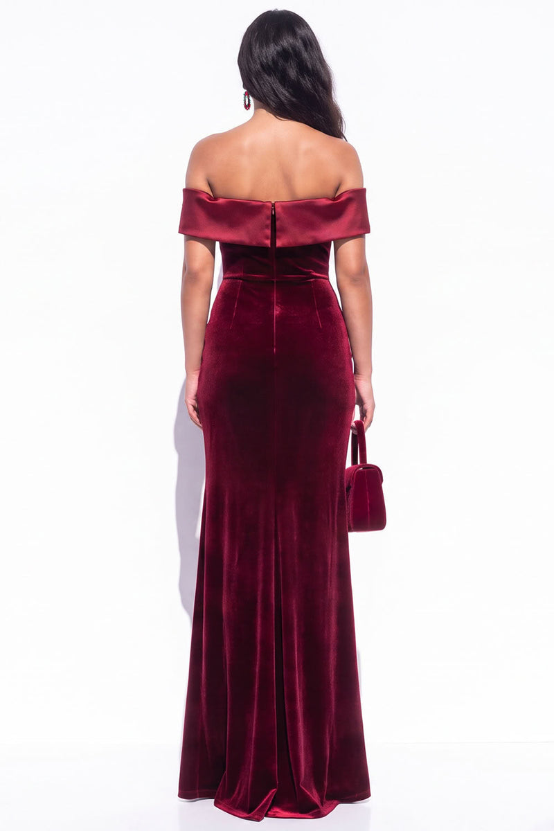 Load image into Gallery viewer, Velvet Dark Green Off the Shoulder Mermaid Long Wedding Guest Dress with Slit
