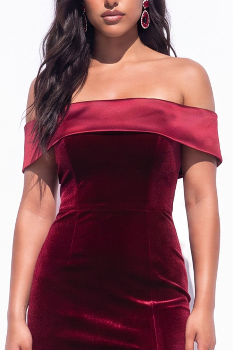 Load image into Gallery viewer, Velvet Dark Green Off the Shoulder Mermaid Long Wedding Guest Dress with Slit