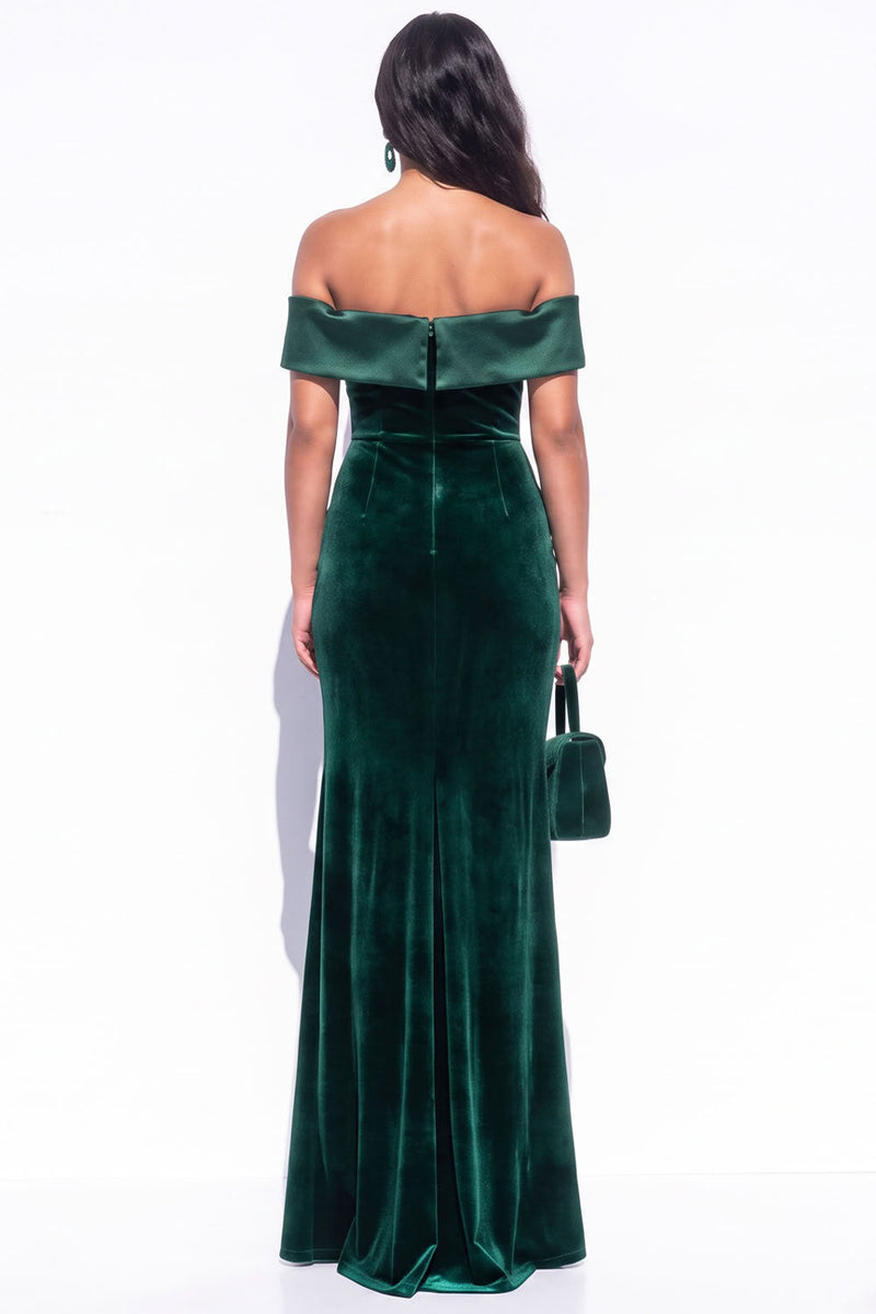 Load image into Gallery viewer, Velvet Dark Green Off the Shoulder Mermaid Long Wedding Guest Dress with Slit