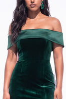 Load image into Gallery viewer, Velvet Dark Green Off the Shoulder Mermaid Long Wedding Guest Dress with Slit