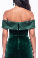 Load image into Gallery viewer, Velvet Dark Green Off the Shoulder Mermaid Long Wedding Guest Dress with Slit