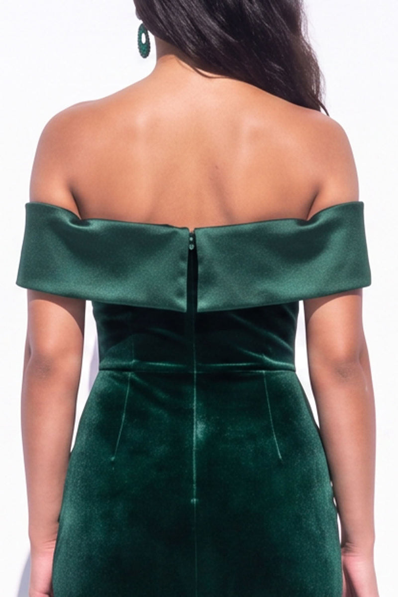 Load image into Gallery viewer, Velvet Dark Green Off the Shoulder Mermaid Long Wedding Guest Dress with Slit