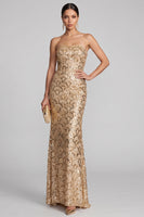 Load image into Gallery viewer, Sparkly Golden Sequins Strapless Mermaid Floral Long Evening Dress