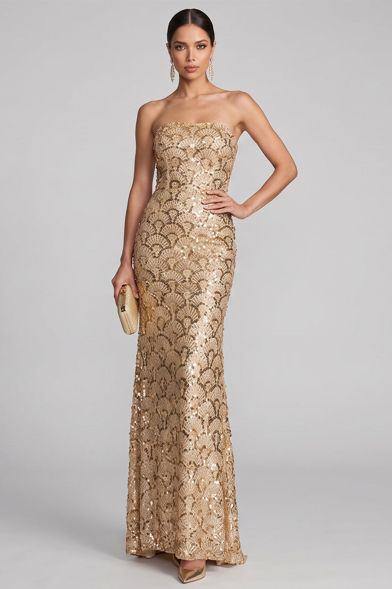 Load image into Gallery viewer, Sparkly Golden Sequins Strapless Mermaid Floral Long Evening Dress